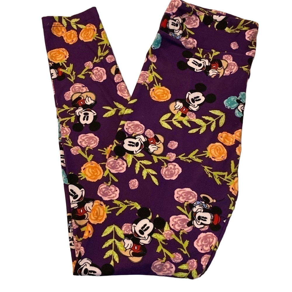 Disney x LuLaRoe Mickey & Minnie Mouse Floral Leggings Purple OS One Size EUC - Picture 2 of 5
